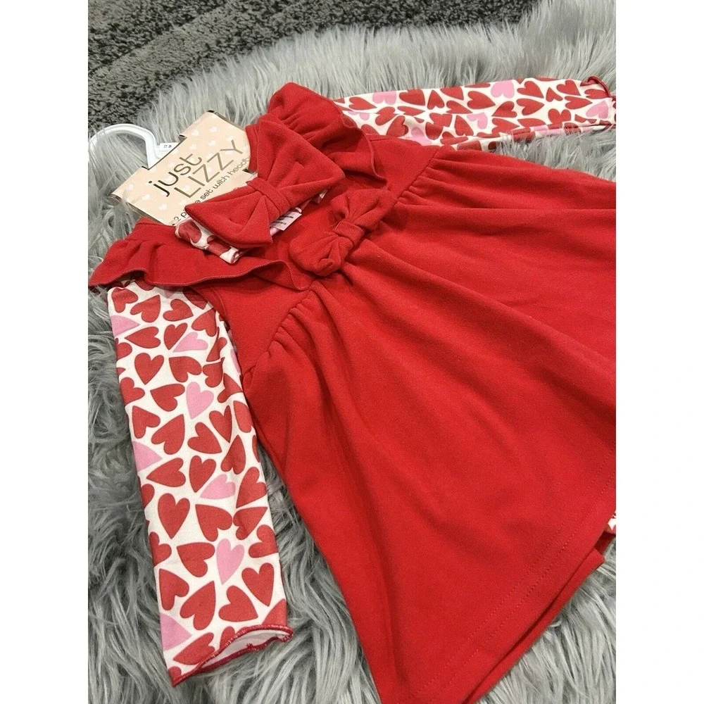 Just‎ Lizzy Brand 12 Month Red Hearts Bib Dress-Bodysuit-Headband Set
